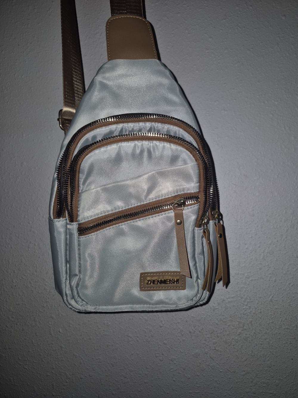 Amazon Light Gray Sling Bag with Tan Accents